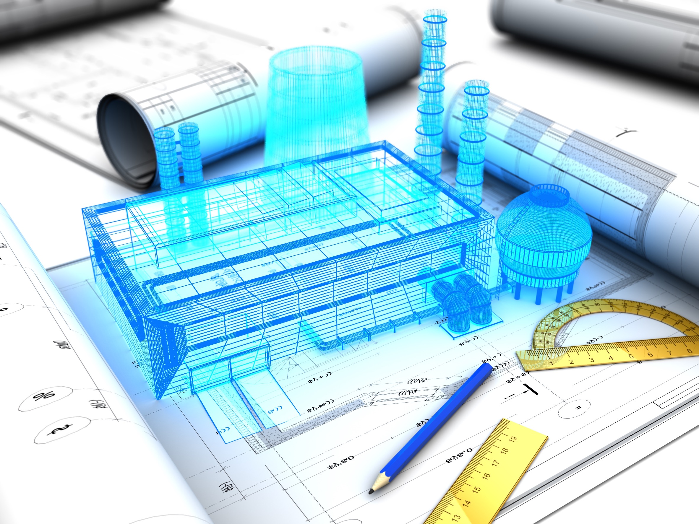 Das Bild zeigt Baupläne mit Lineal und Bleistift und einem digital animiertem Gebäude darauf.