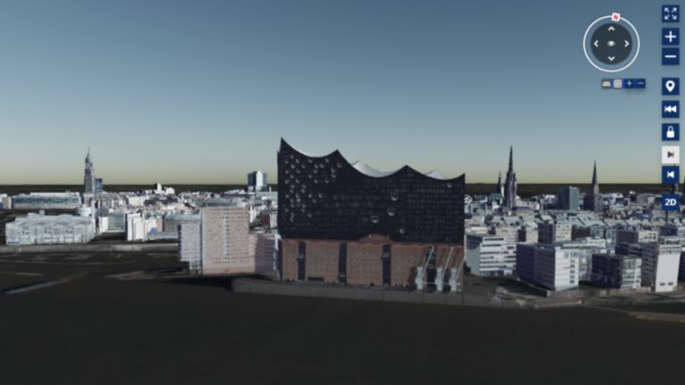 Das Bild zeigt eine Ansicht des 3D-Projektplaners mit einer digitalen Ansicht der Elbphilharmonie und Umgebung.