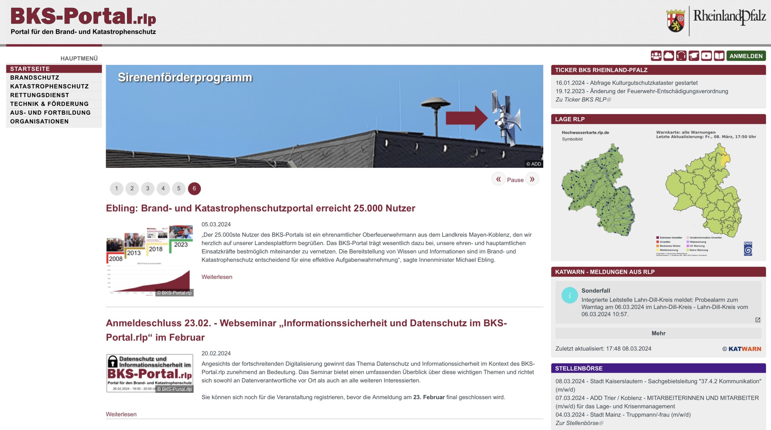 Das Bild zeigt die Startseite des Online-Portals für den Brand- und Katastrophenschutz in Rheinland-Pfalz (BKS-Portal).