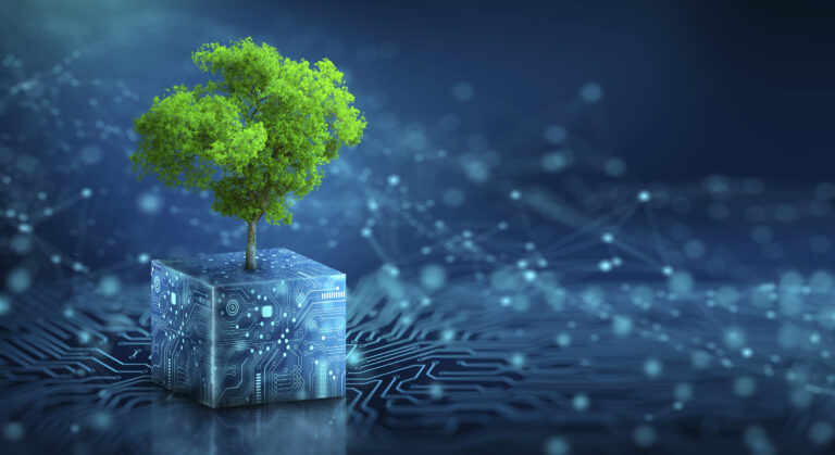 Montage eines Baums auf einem überdimensionalen Würfel in blauer Cyber-Landschaft.