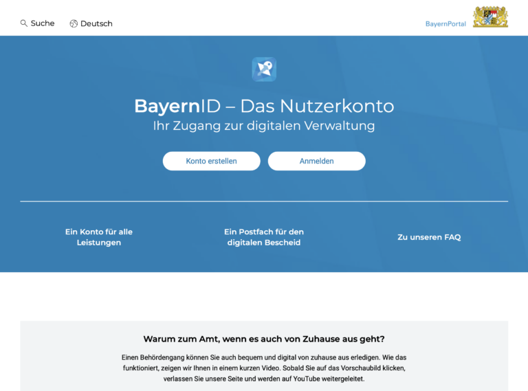 Das Bild zeigt die Startseite des Bayern-Portals mit der Anmeldung zur BayernID.