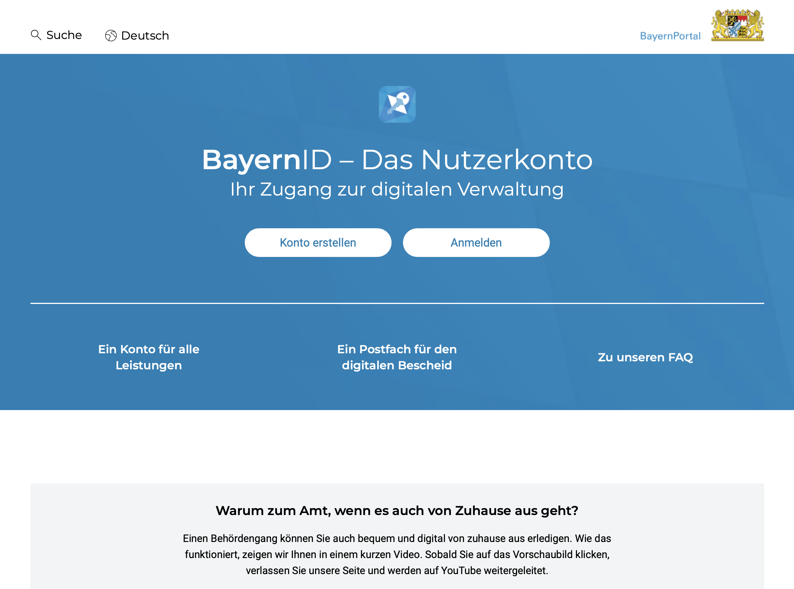 Das Bild zeigt die Startseite des Bayern-Portals mit der Anmeldung zur BayernID.