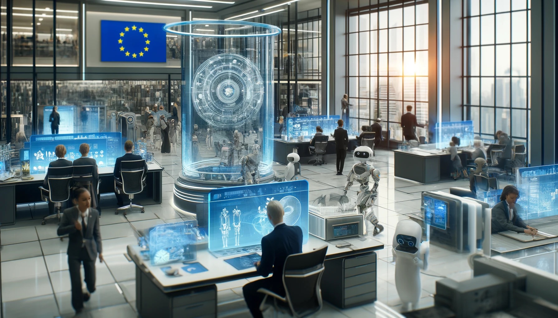 Das KI-genertierte Bild zeigt ein futuristisches Büro in dem verschiedene Arten von Künstlicher Intelligenz integriert sind.