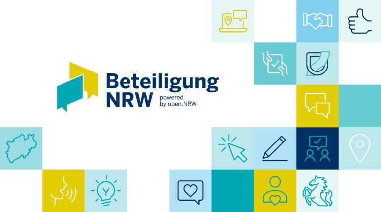 Illustration/Compositebild in verschiedenen Blautönen, Weiß und Gelb mit dem Logo von Beteiligung NRW.