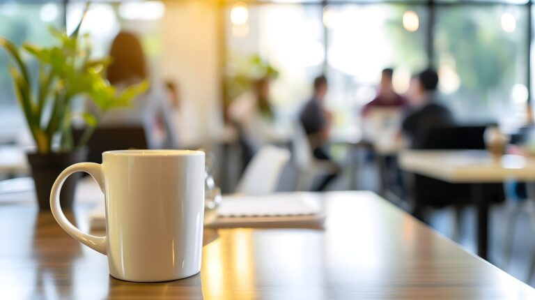 Eine Kaffeetasche steht im Vordergrund des Bildes auf einem Tisch, im Hintergrund sin schemenhaft Menschen zu erkennen, die zusammensitzen in einem großen Raum mit leeren Tischen.
