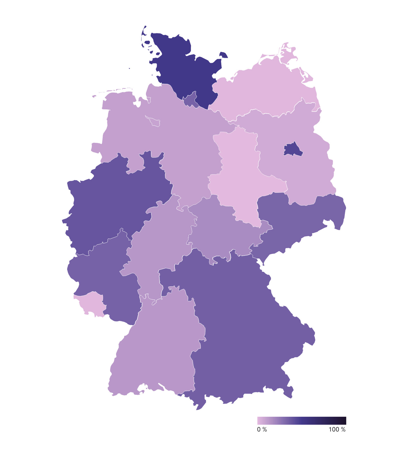 Deutschlandkarte, Länder abgebildet in unterschiedlichen Violett-Tönen.