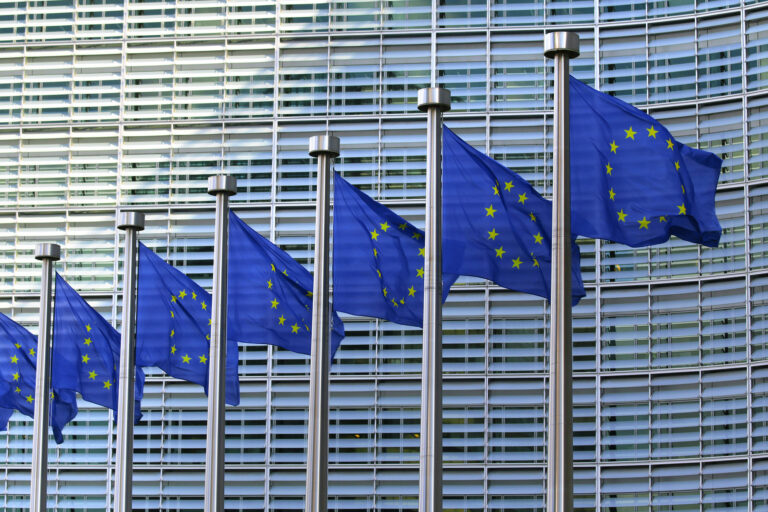 Eine Reihe von Flaggenmasten mit EU-Flaggen vor einer modernen Fassade.