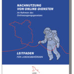 Cover des EfA-Leitfadens aus Branenburg: Cartoon-Astronaut vpr blauem Hintergrund, in der Hand eine rote Leine in der Kontur Brandenburgs.