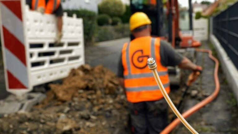 Das Bild zeigt eine Baustelle mit einem Bauarbeiter, der Glasfaserkabel verlegt.