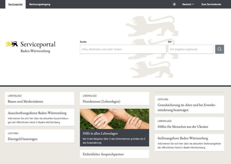 Das Bild zeigt die Startseite des Serviceportals des Landes Baden-Württemberg.
