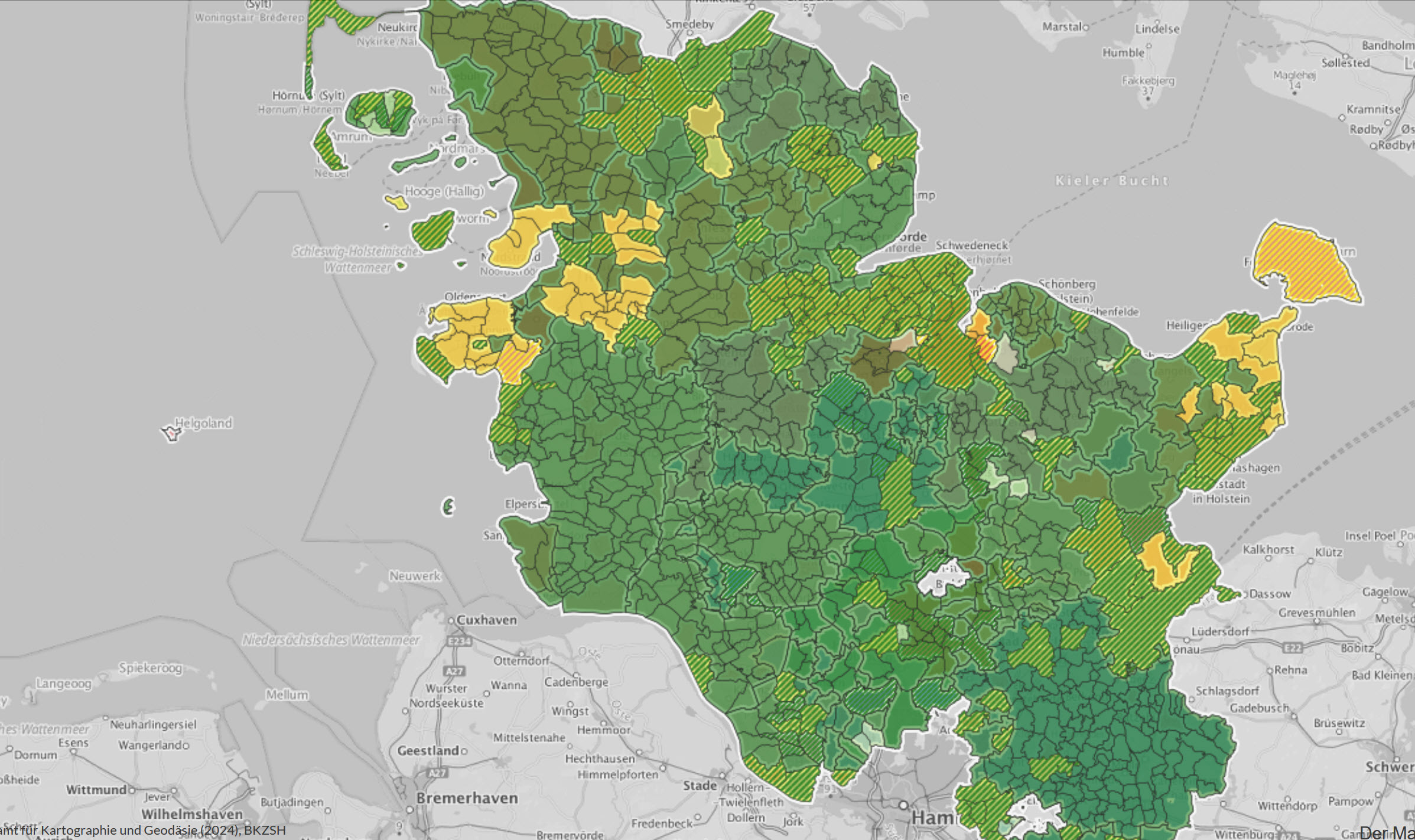Ausschnitt aus der BKZ.SH-Karte zum Breitband-Ausbaustatus in Schleswig-Holstein.