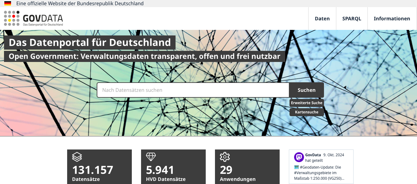 Screenshot der Startseite von data.gov.de.