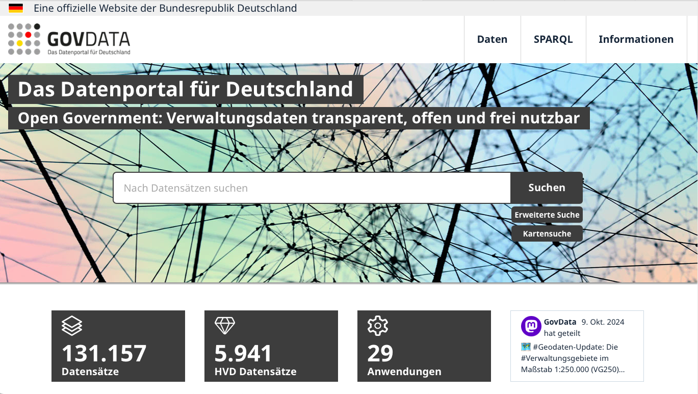 Screenshot der Startseite von https://data.gov.de.