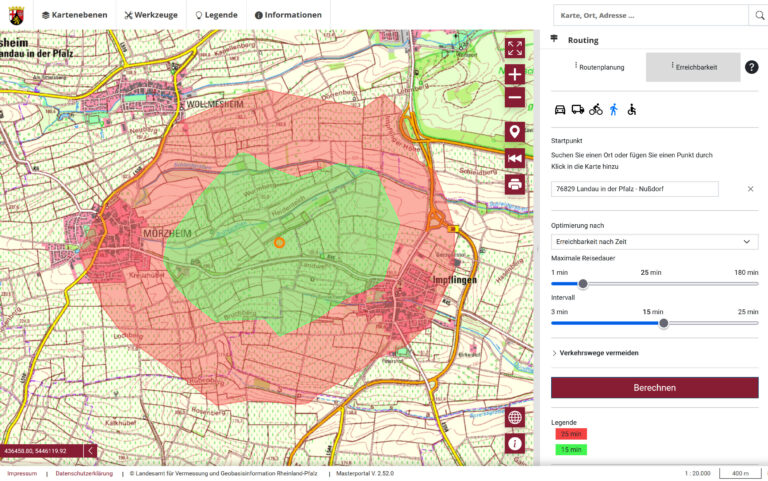 Der Kartenviewer maps.rlp.de mit der Funktion zur Erreichbarkeitsberechnung.