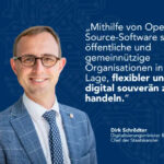 Digitalminister irk Schrödter, daneben sein Zitat: "Mithilfe von Open-Source-Software sind öffentliche und gemeinnützige Organisationen in der lage, flexibler und digital souverän zu handeln."